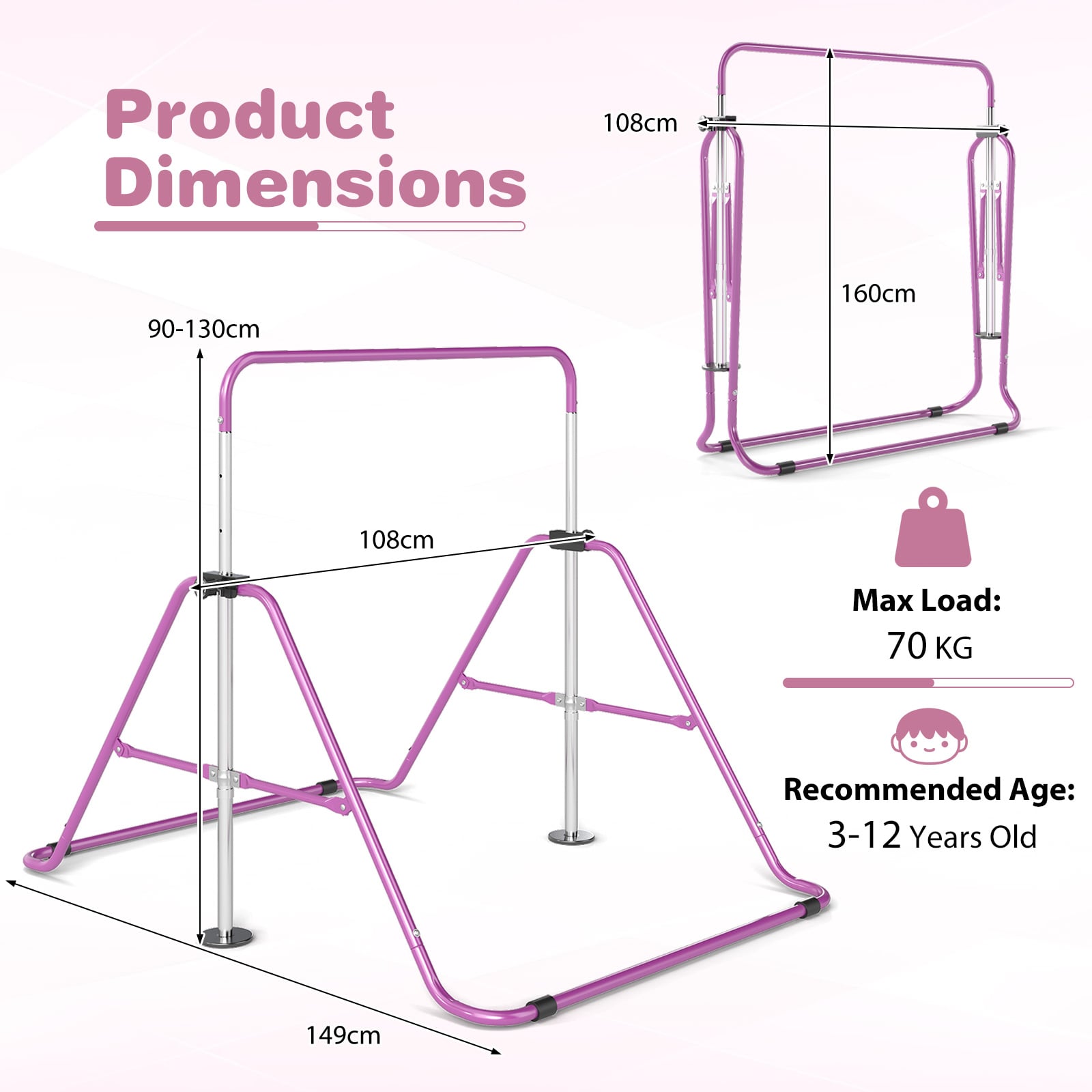 Folding Gymnastics Bar for Kids Height Adjustable Horizontal Kip Training Bar-Purple