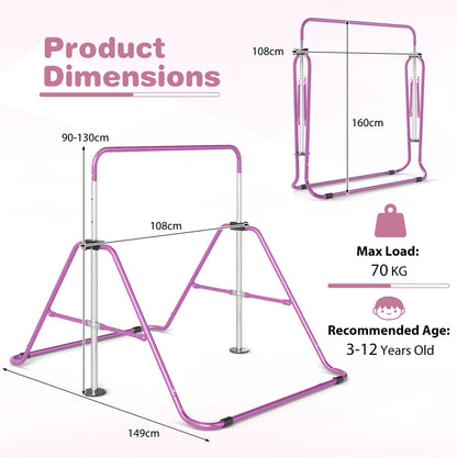 Folding Gymnastics Bar for Kids Height Adjustable Horizontal Kip Training Bar-Purple