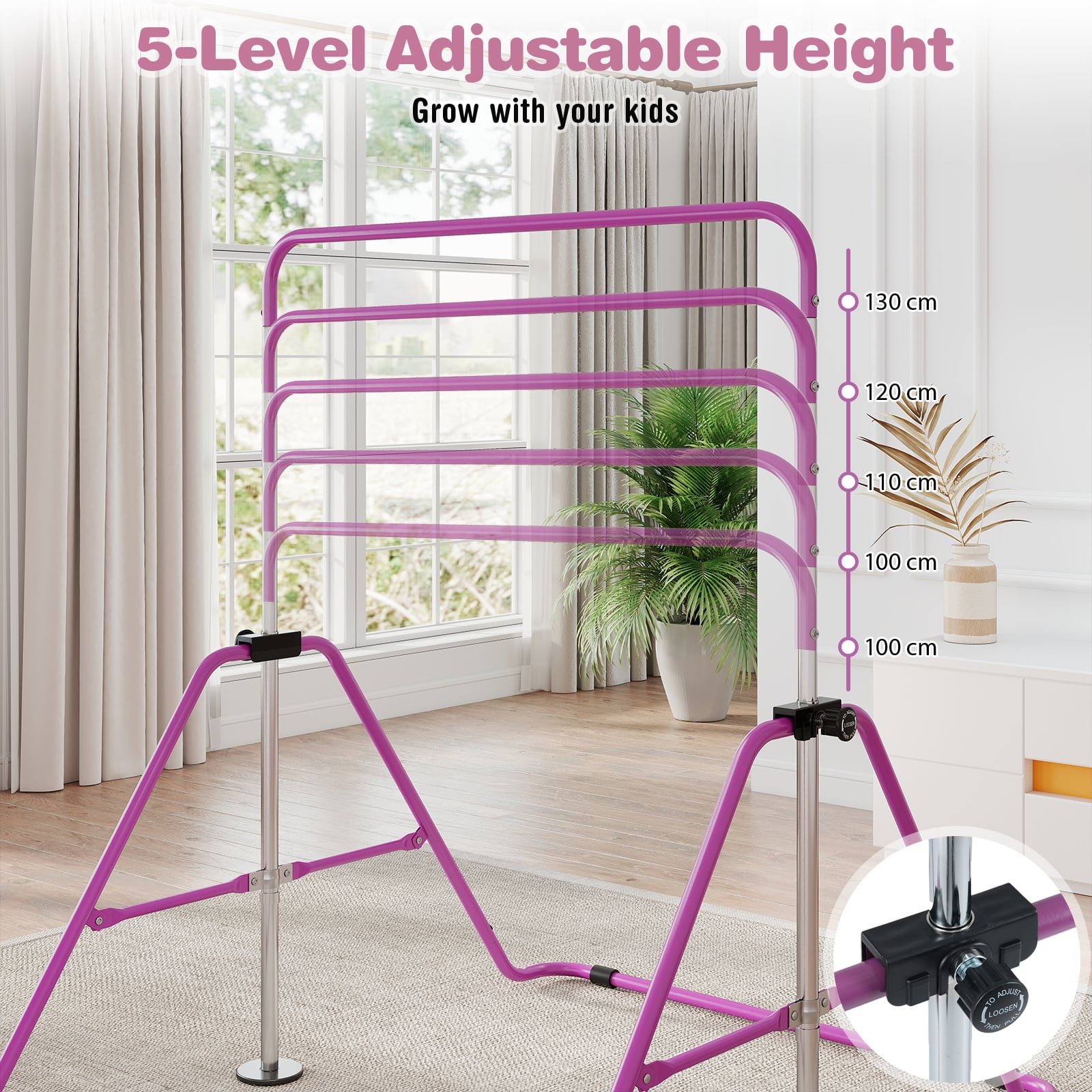 Folding Gymnastics Bar for Kids Height Adjustable Horizontal Kip Training Bar-Purple