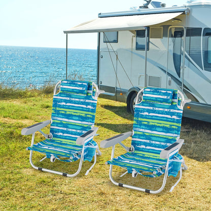 Folding Lay Flat Beach Chair Set of 2 with 5-Position Backrest-Blue & Green