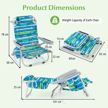 Folding Lay Flat Beach Chair Set of 2 with 5-Position Backrest-Blue & Green