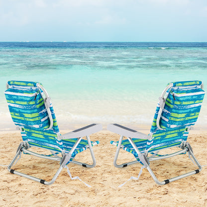 Folding Lay Flat Beach Chair with 5-Position Backrest-Blue & Green