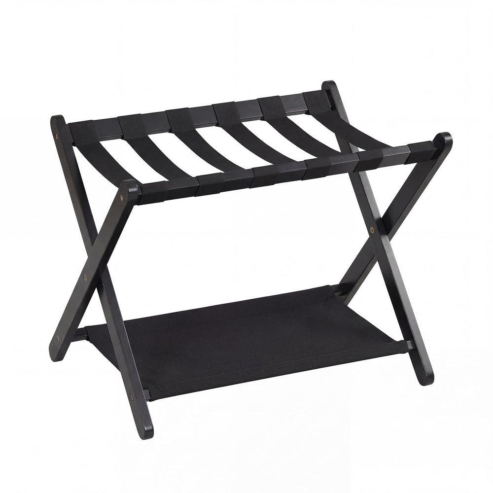 Folding Luggage Rack Solid Rubberwood Suitcase Stand with Nylon Shelves-Black