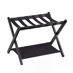 Folding Luggage Rack Solid Rubberwood Suitcase Stand with Nylon Shelves-Black