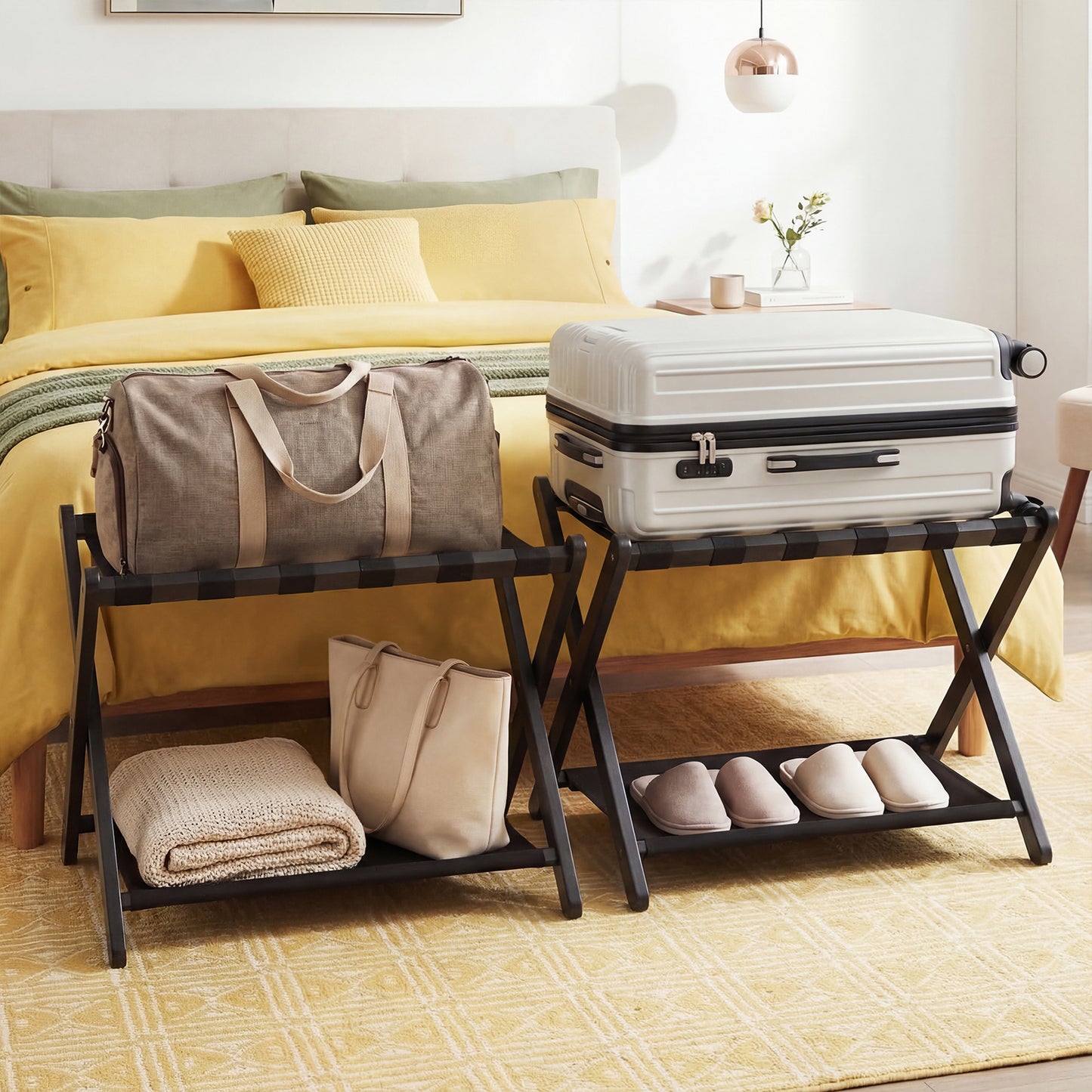 Folding Luggage Rack Solid Rubberwood Suitcase Stand with Nylon Shelves-Black