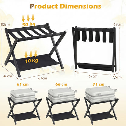 Folding Luggage Rack Solid Rubberwood Suitcase Stand with Nylon Shelves-Black