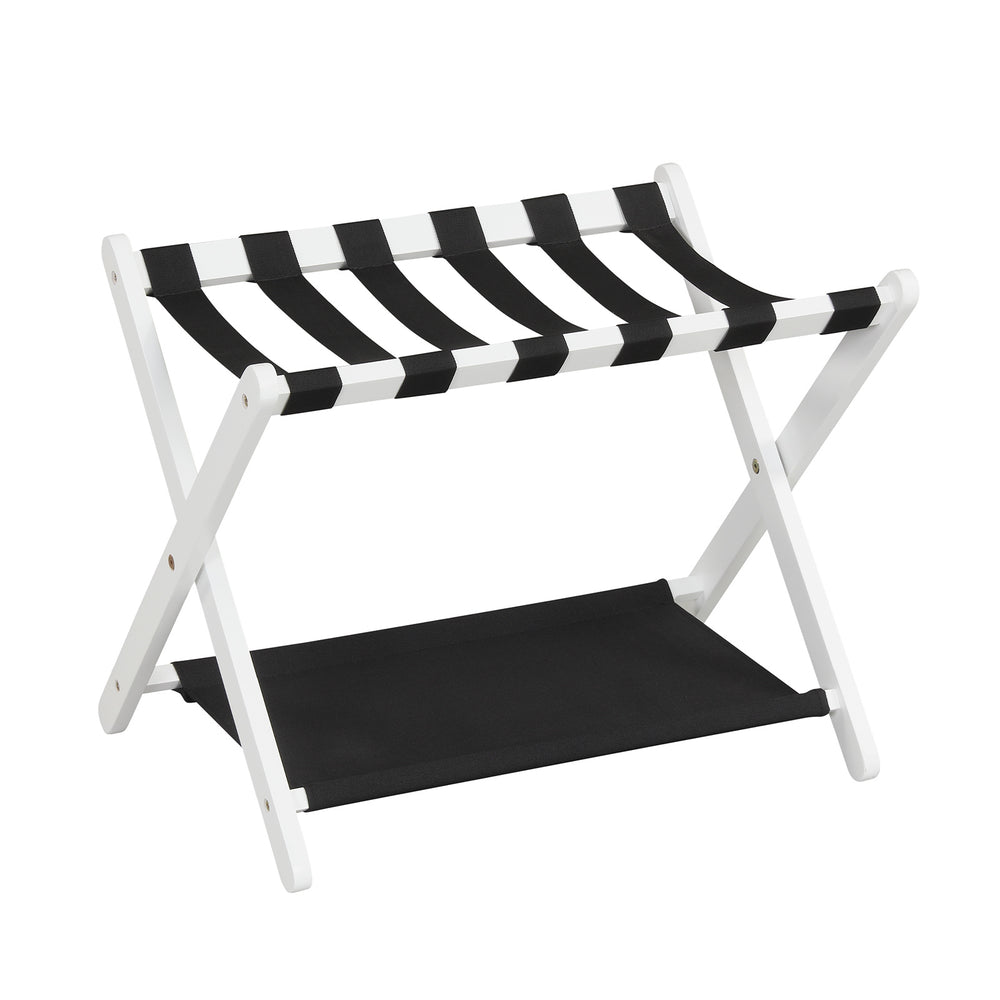 Folding Luggage Rack Solid Rubberwood Suitcase Stand with Nylon Shelves-White