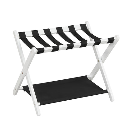 Folding Luggage Rack Solid Rubberwood Suitcase Stand with Nylon Shelves-White
