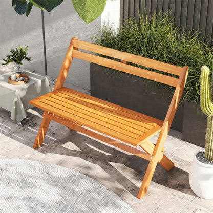 Folding Outdoor Bench for 2 People with Slanted Backrest Slatted Seat