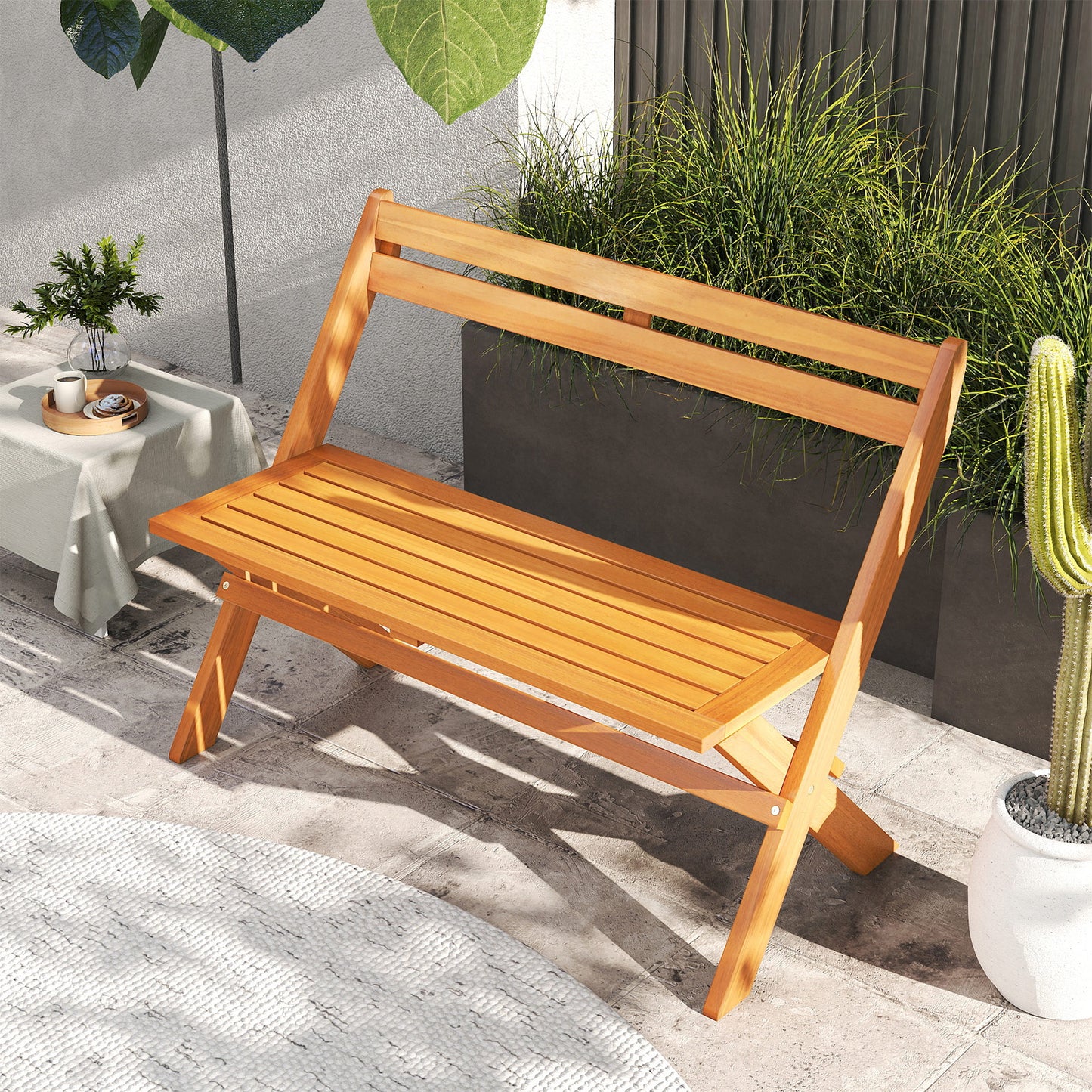 Folding Outdoor Bench for 2 People with Slanted Backrest Slatted Seat