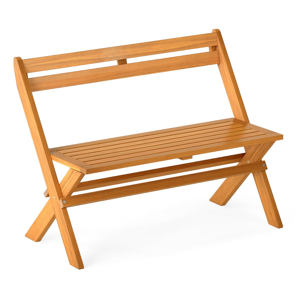 Folding Outdoor Bench for 2 People with Slanted Backrest Slatted Seat