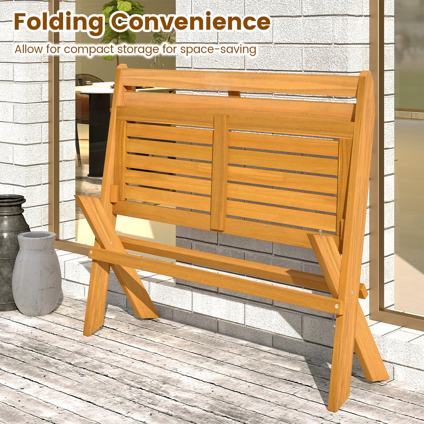 Folding Outdoor Bench for 2 People with Slanted Backrest Slatted Seat