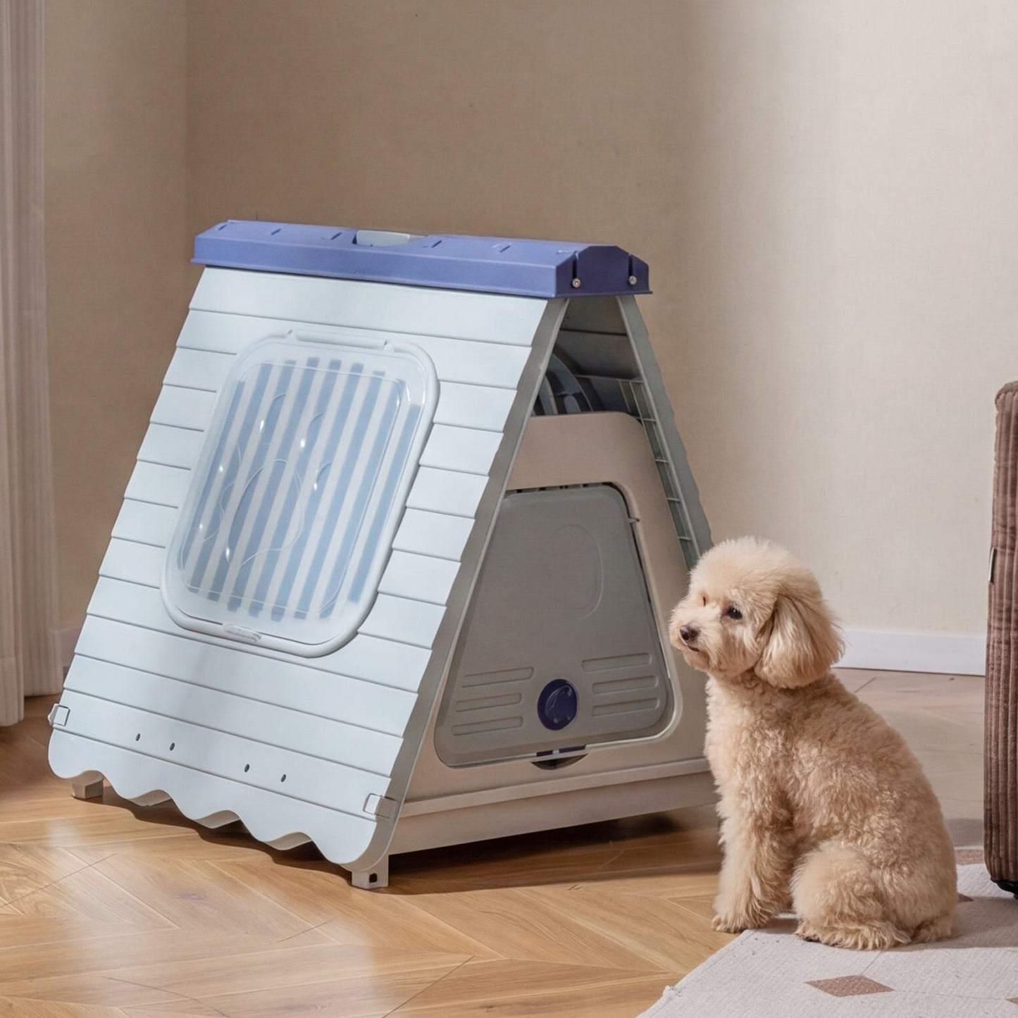 Folding Plastic Dog House with Lockable Flap Door Waterproof Pet Shelter-Blue
