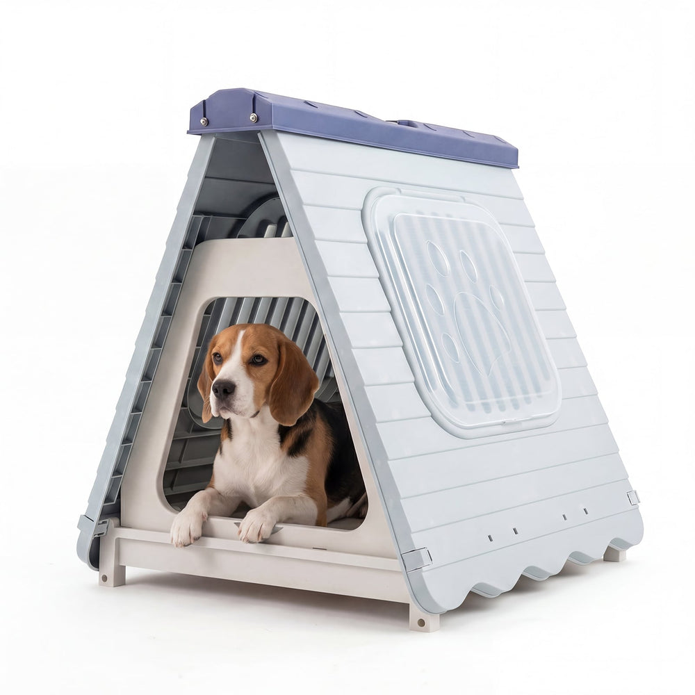 Folding Plastic Dog House with Lockable Flap Door Waterproof Pet Shelter-Blue