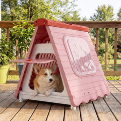 Folding Plastic Dog House with Lockable Flap Door Waterproof Pet Shelter-Pink