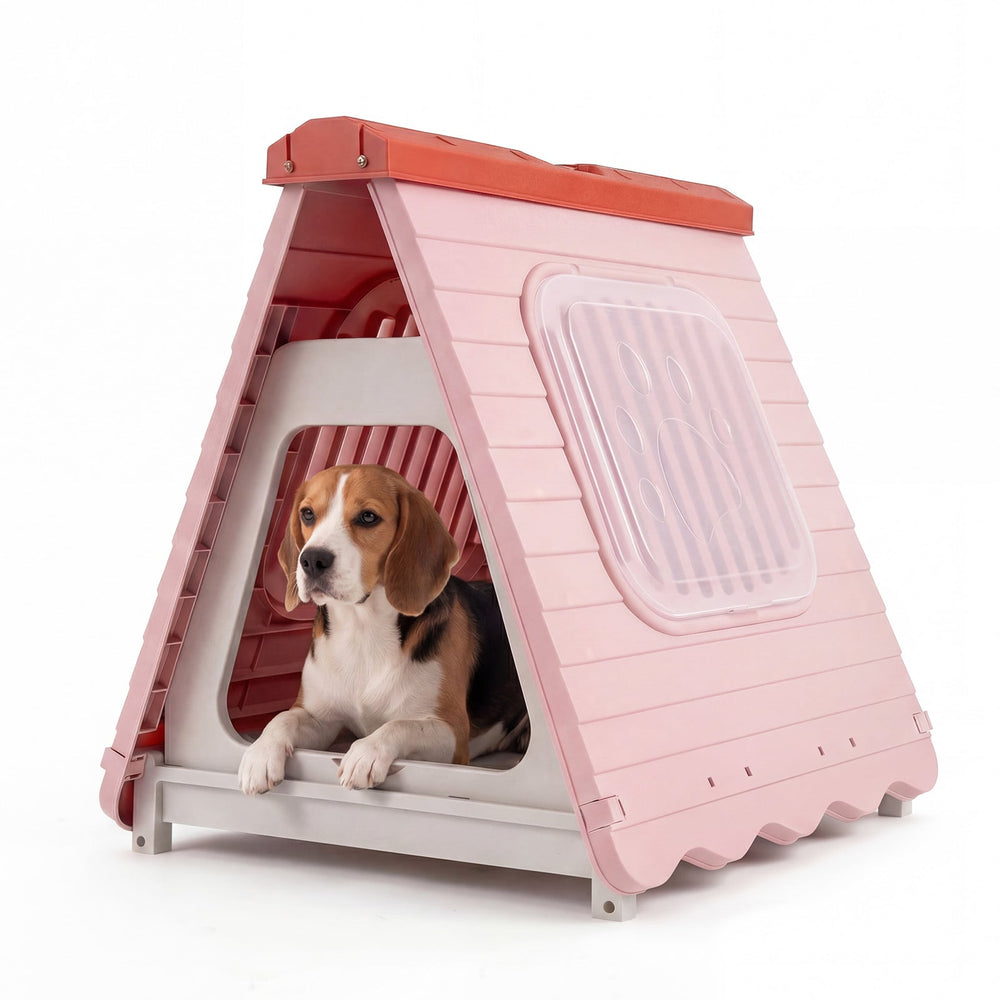 Folding Plastic Dog House with Lockable Flap Door Waterproof Pet Shelter-Pink