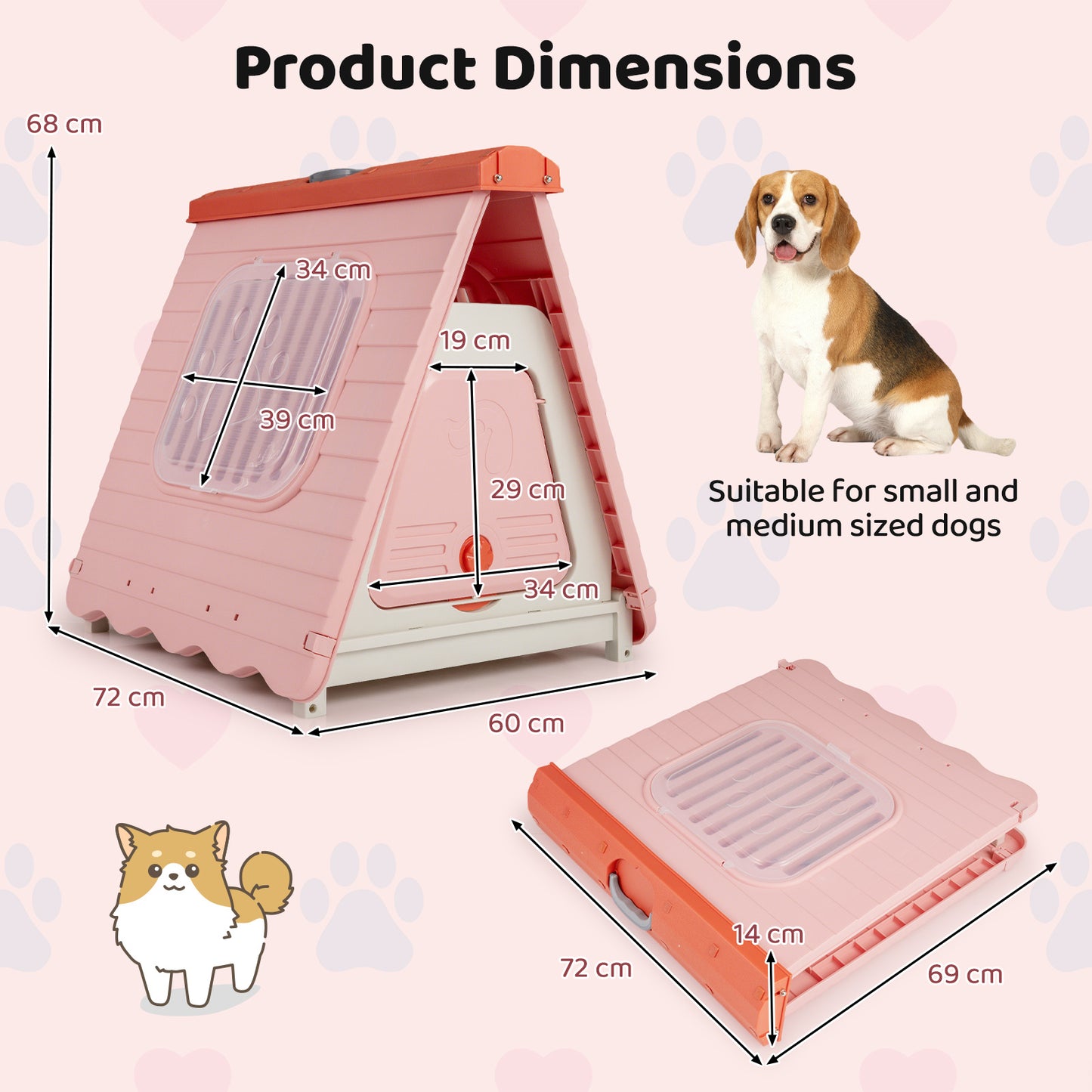 Folding Plastic Dog House with Lockable Flap Door Waterproof Pet Shelter-Pink