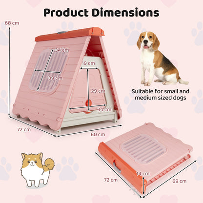 Folding Plastic Dog House with Lockable Flap Door Waterproof Pet Shelter-Pink