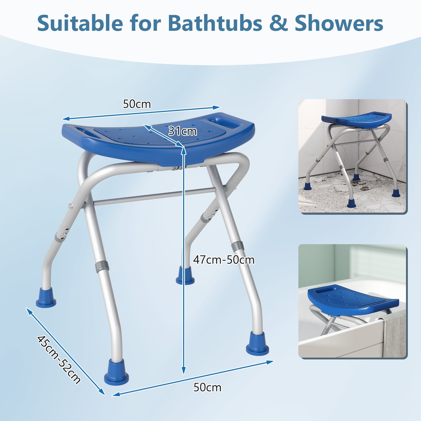 Folding Portable Shower Seat with Adjustable Height for Bathroom-Blue
