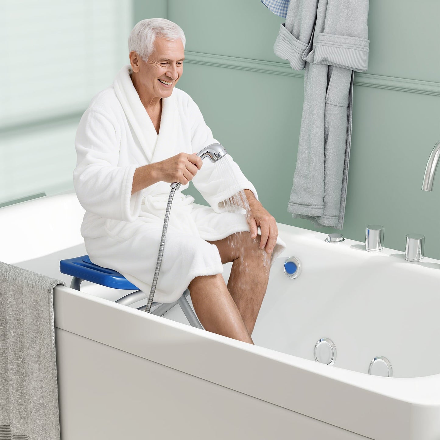 Folding Portable Shower Seat with Adjustable Height for Bathroom-Blue