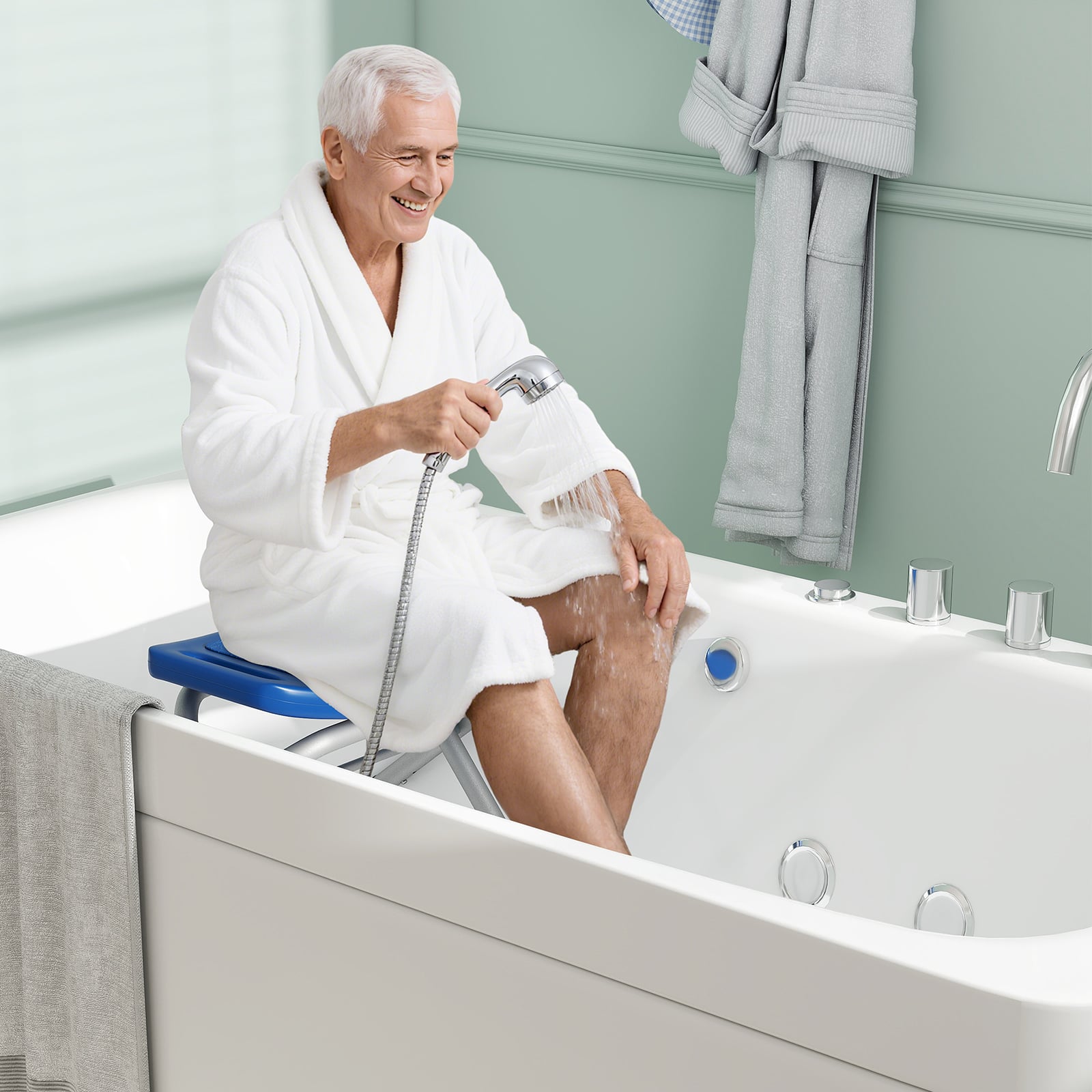 Folding Portable Shower Seat with Adjustable Height for Bathroom-Blue