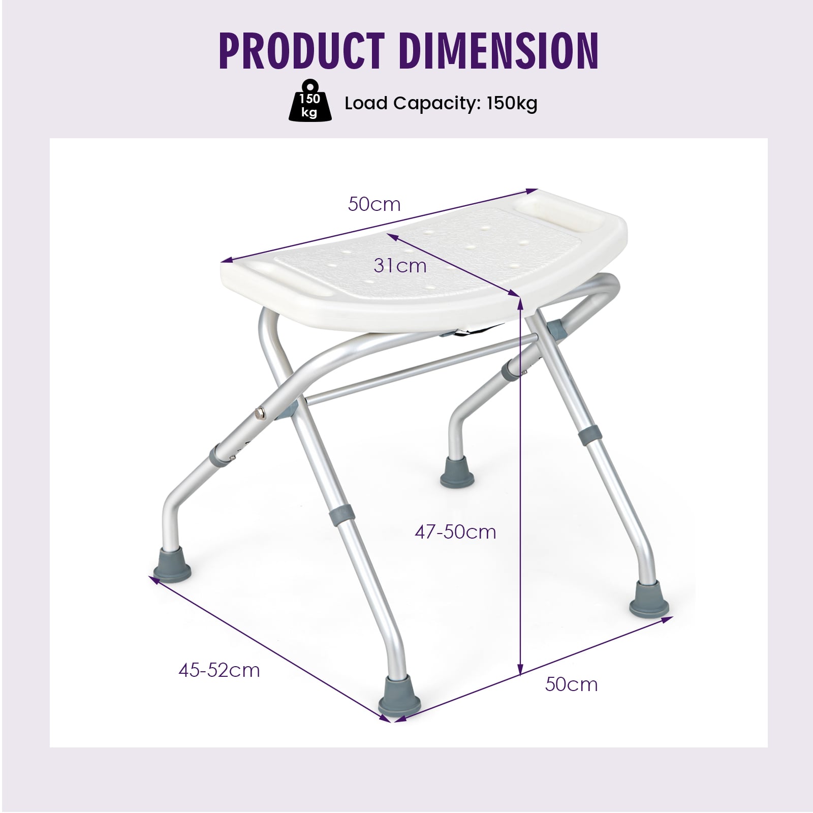 Folding Portable Shower Seat with Adjustable Height for Bathroom White