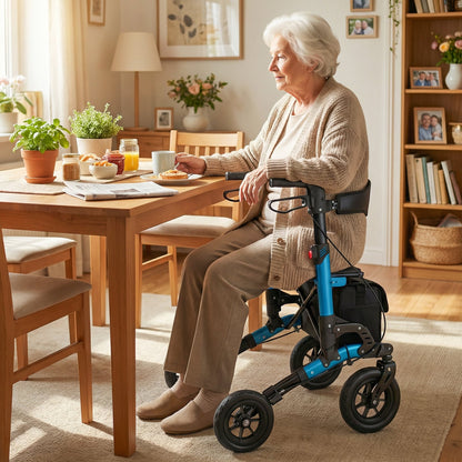 Folding Rolling Walker with Seat and Mesh Backrest for Seniors-Blue