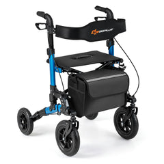 Folding Rolling Walker with Seat and Mesh Backrest for Seniors-Blue