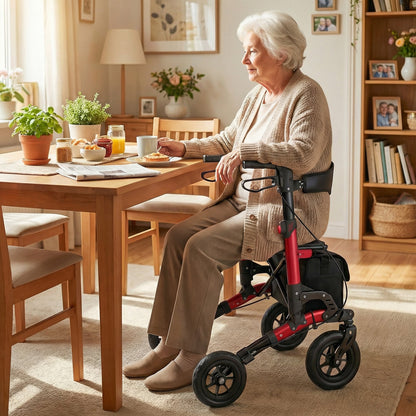 Folding Rolling Walker with Seat and Mesh Backrest for Seniors-Red