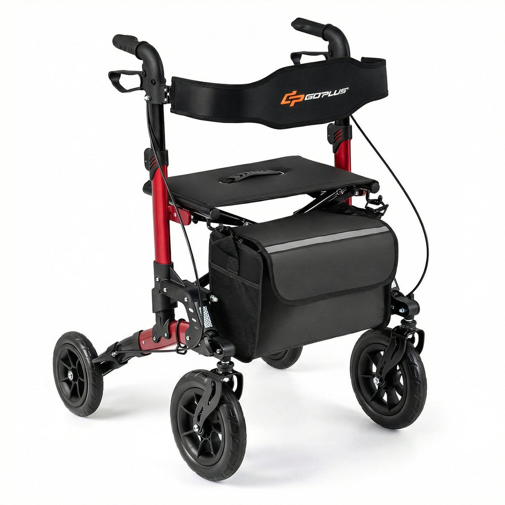 Folding Rolling Walker with Seat and Mesh Backrest for Seniors-Red