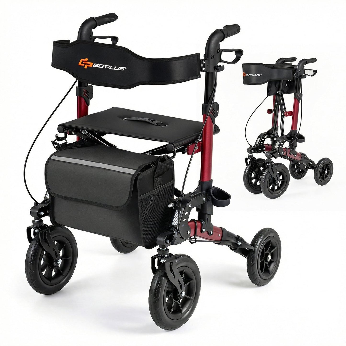 Folding Rolling Walker with Seat and Mesh Backrest for Seniors-Red
