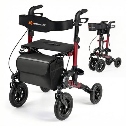 Folding Rolling Walker with Seat and Mesh Backrest for Seniors-Red