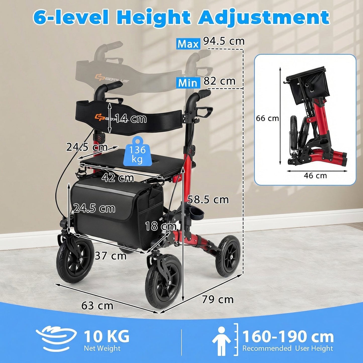 Folding Rolling Walker with Seat and Mesh Backrest for Seniors-Red