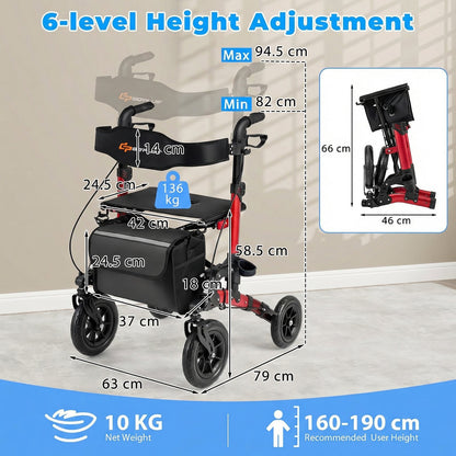Folding Rolling Walker with Seat and Mesh Backrest for Seniors-Red
