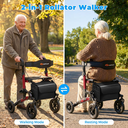 Folding Rolling Walker with Seat and Mesh Backrest for Seniors-Red