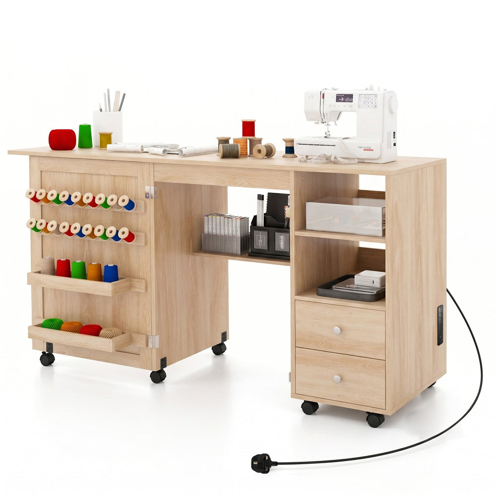 Folding Sewing Table with Charging Station and Storage Shelves-Natural