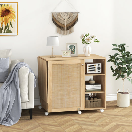 Folding Sewing Table with Rattan Door and Lockable Casters for Craft-Natural