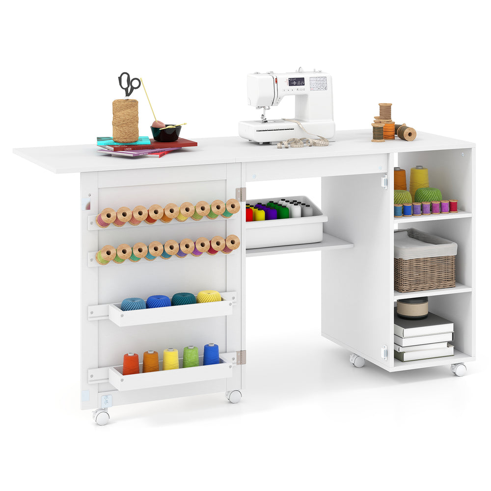 Folding Sewing Table with Rattan Door and Lockable Casters for Craft-White