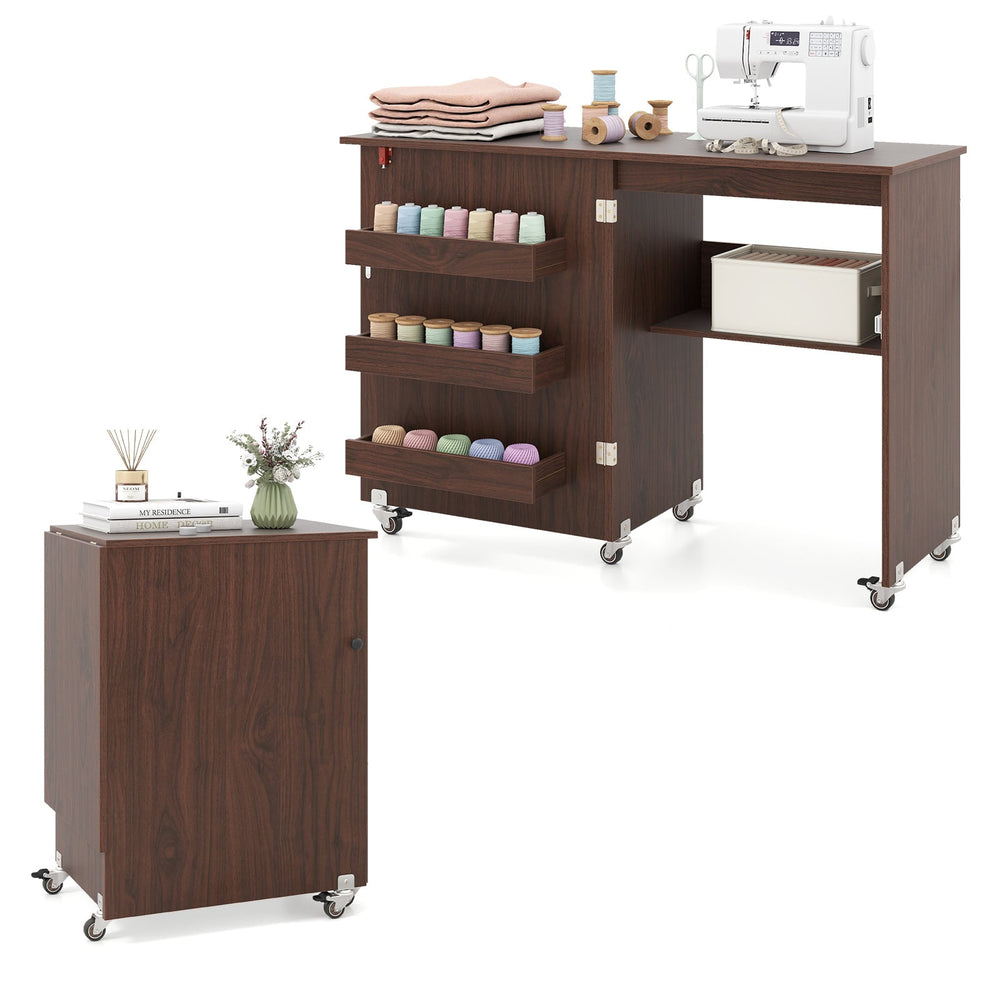 Folding Sewing Table with Storage Shelf and 3 Hidden Bins for Home-Brown