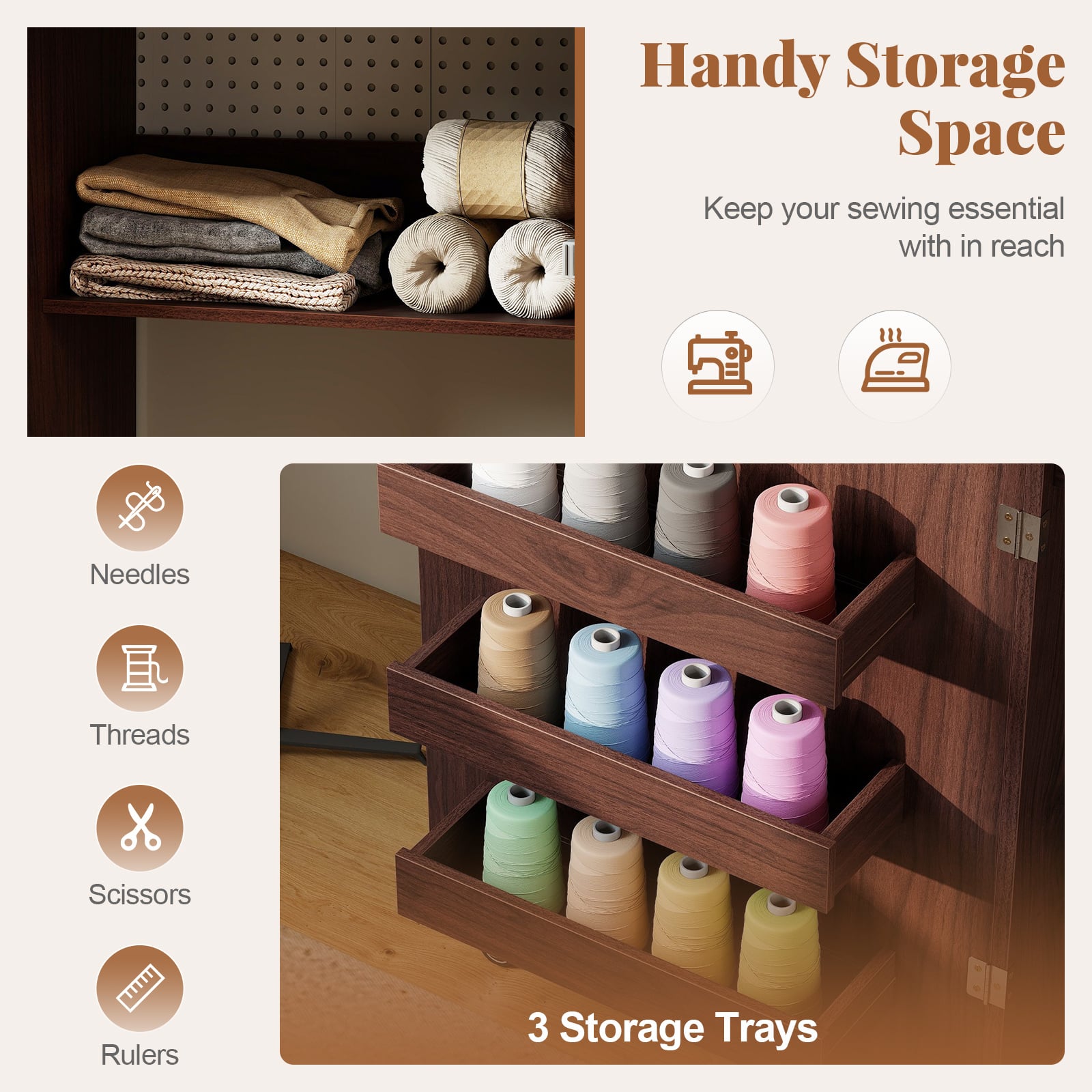 Folding Sewing Table with Storage Shelf and 3 Hidden Bins for Home-Brown