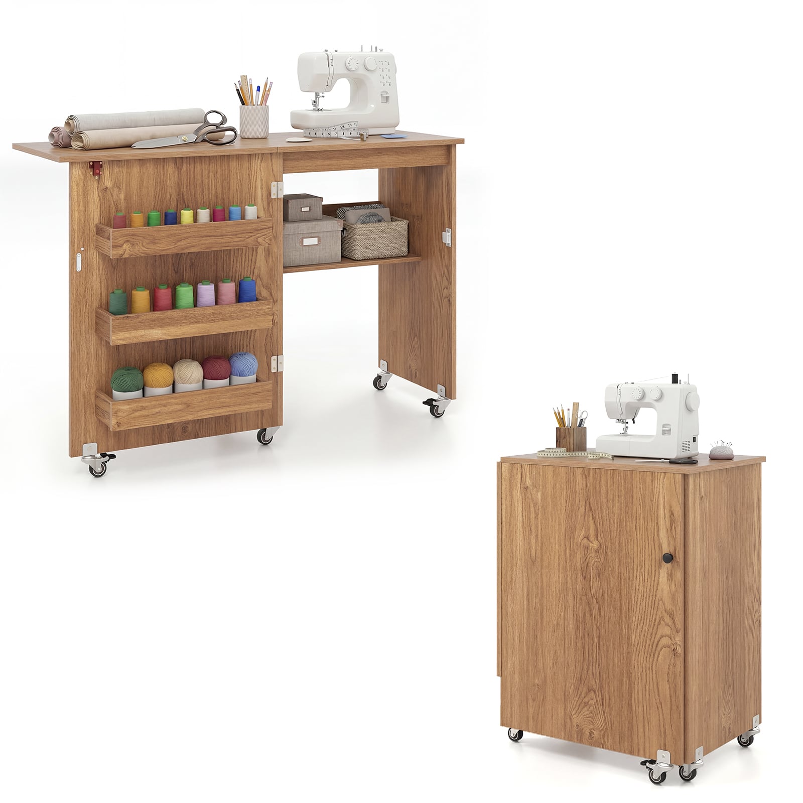 Folding Sewing Table with Storage Shelf and 3 Hidden Bins for Home-Natural