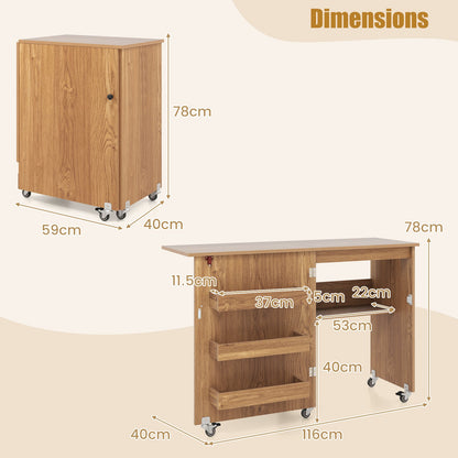 Folding Sewing Table with Storage Shelf and 3 Hidden Bins for Home-Natural