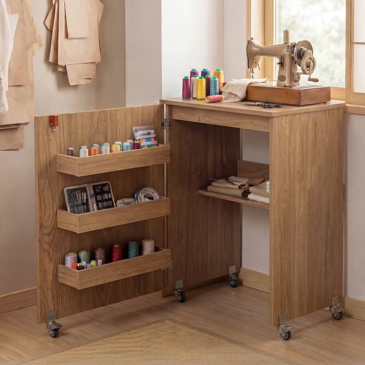 Folding Sewing Table with Storage Shelf and 3 Hidden Bins for Home-Natural