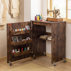 Folding Sewing Table with Storage Shelf and 3 Hidden Bins for Home-Rustic Brown