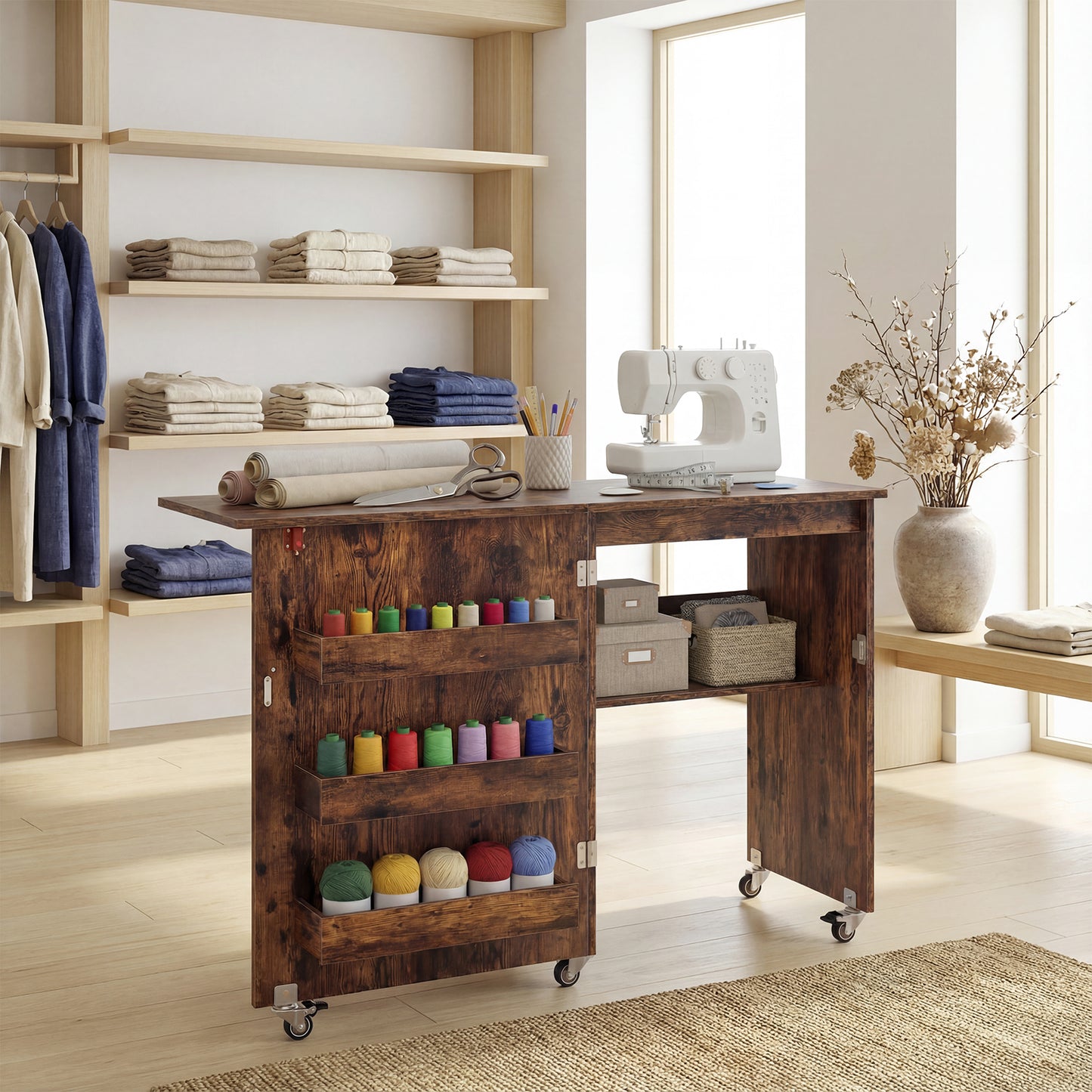 Folding Sewing Table with Storage Shelf and 3 Hidden Bins for Home-Rustic Brown