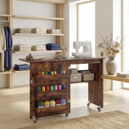 Folding Sewing Table with Storage Shelf and 3 Hidden Bins for Home-Rustic Brown