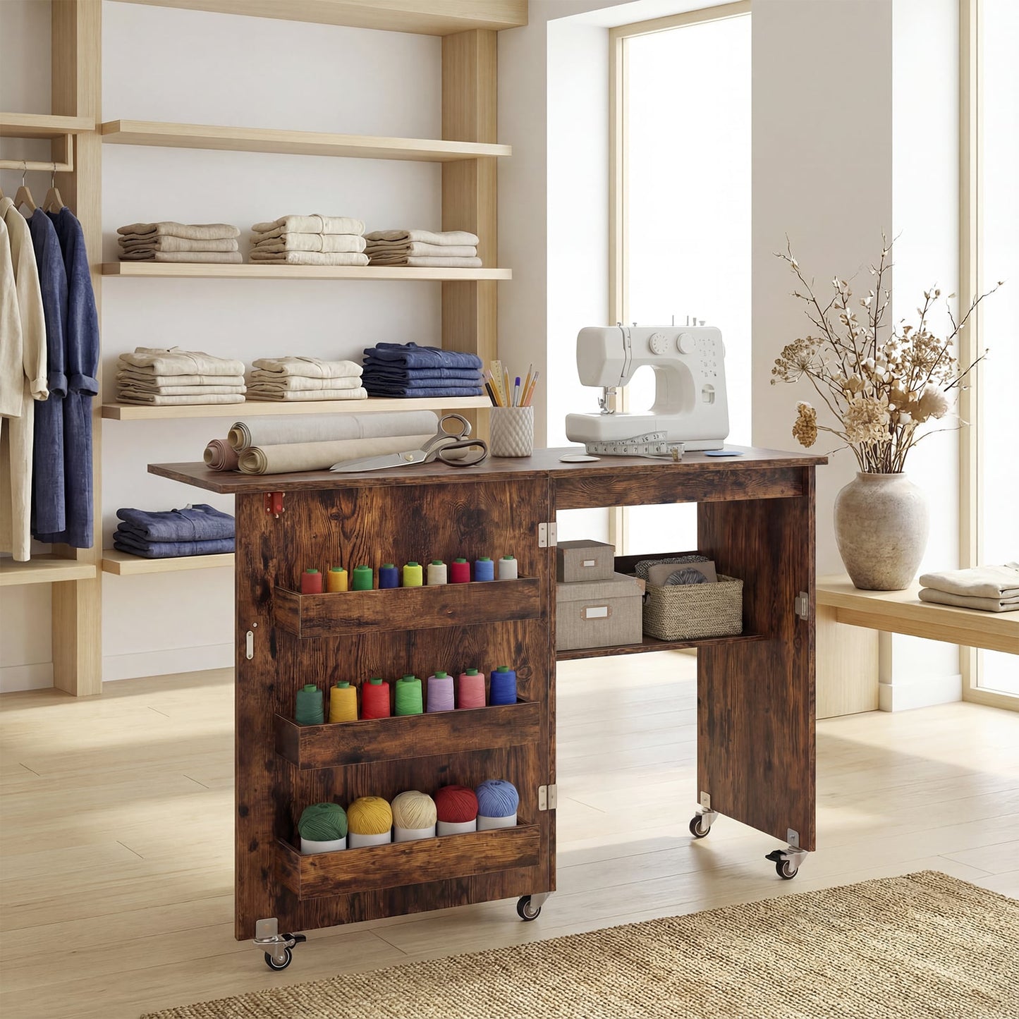 Folding Sewing Table with Storage Shelf and 3 Hidden Bins for Home-Rustic Brown