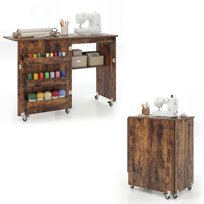 Folding Sewing Table with Storage Shelf and 3 Hidden Bins for Home-Rustic Brown