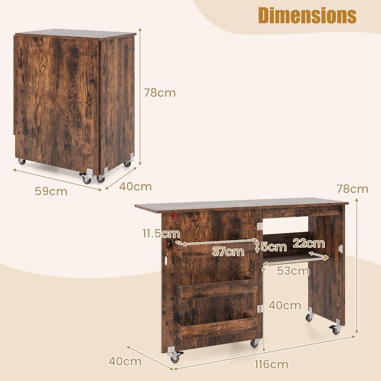 Folding Sewing Table with Storage Shelf and 3 Hidden Bins for Home-Rustic Brown