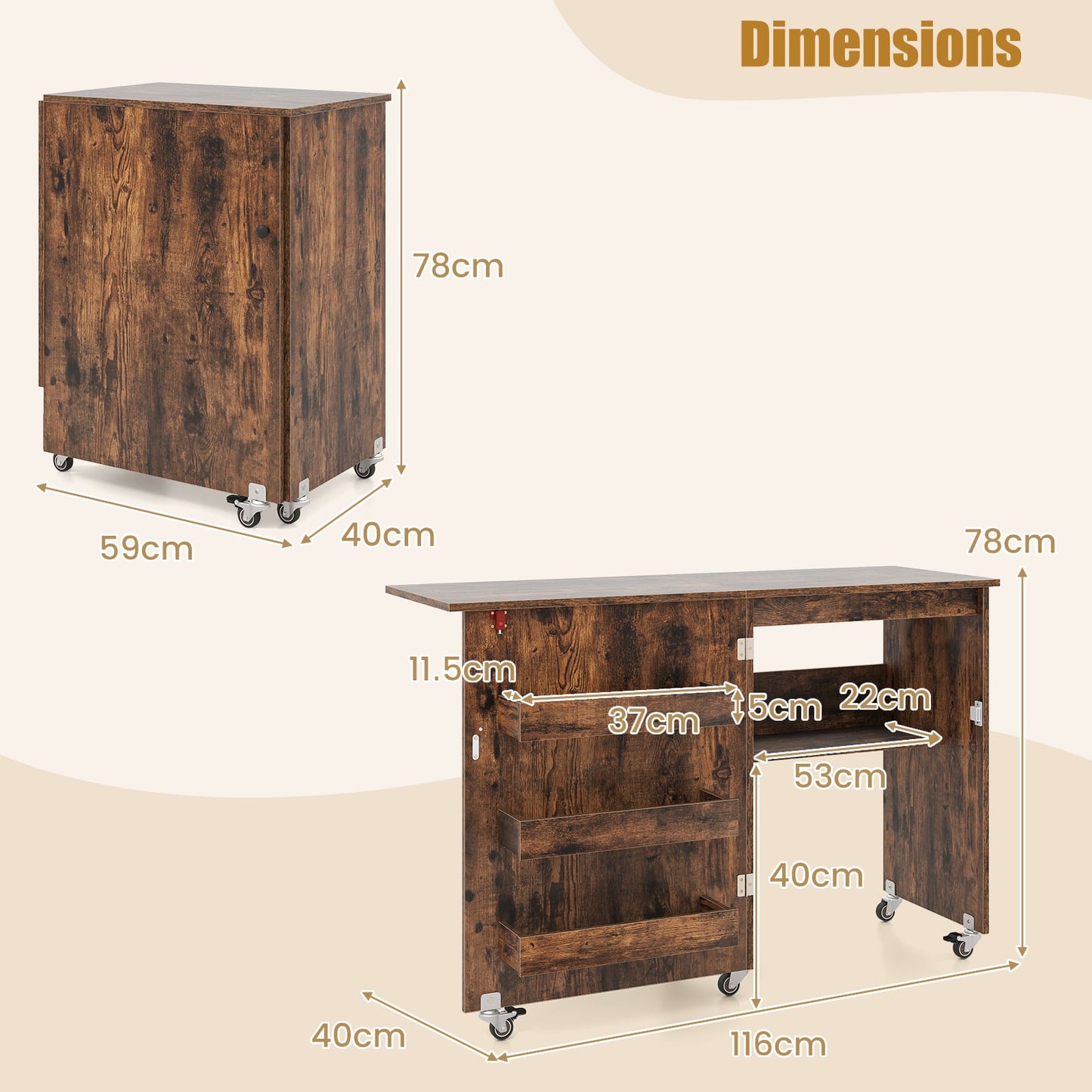 Folding Sewing Table with Storage Shelf and 3 Hidden Bins for Home-Rustic Brown